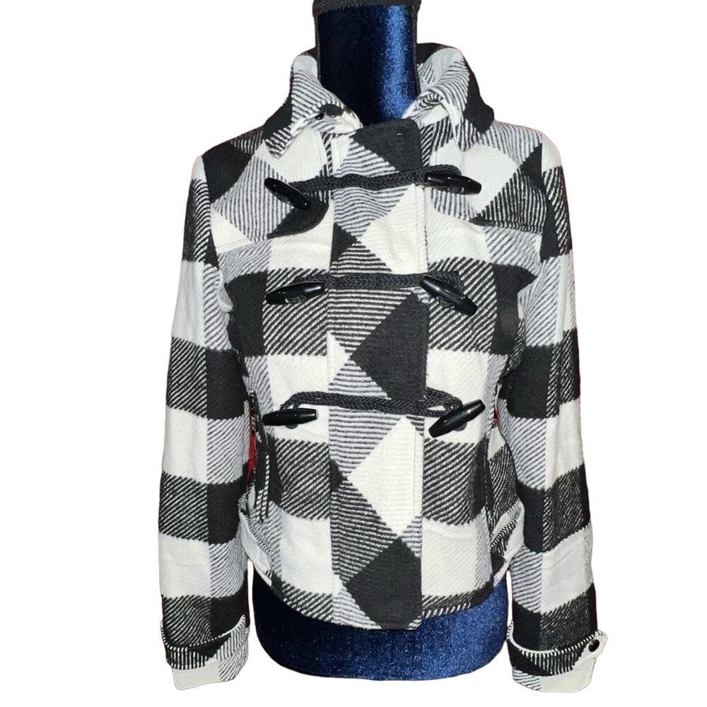 Dollhouse Outerwear Hood Coat Plaid Black white purple liner Maude size Medium